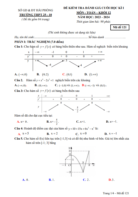 Đề cuối học kì 1 Toán 12 năm 2023 2024 trường THPT 25 10 Hải Phòng