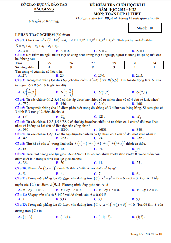 Đề cuối học kì 2 Toán 10 năm 2022 2023 sở GD&ĐT Bắc Giang