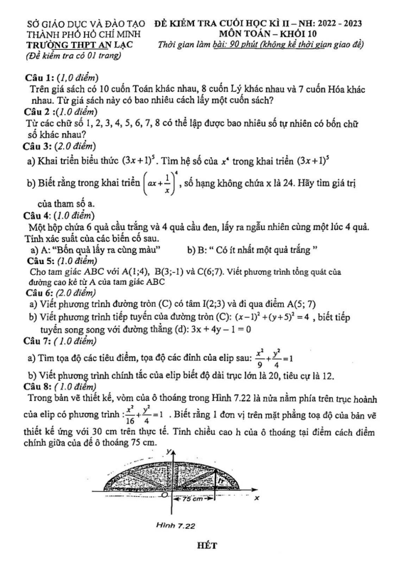 Đề cuối học kì 2 Toán 10 năm 2022 2023 trường THPT An Lạc TP HCM