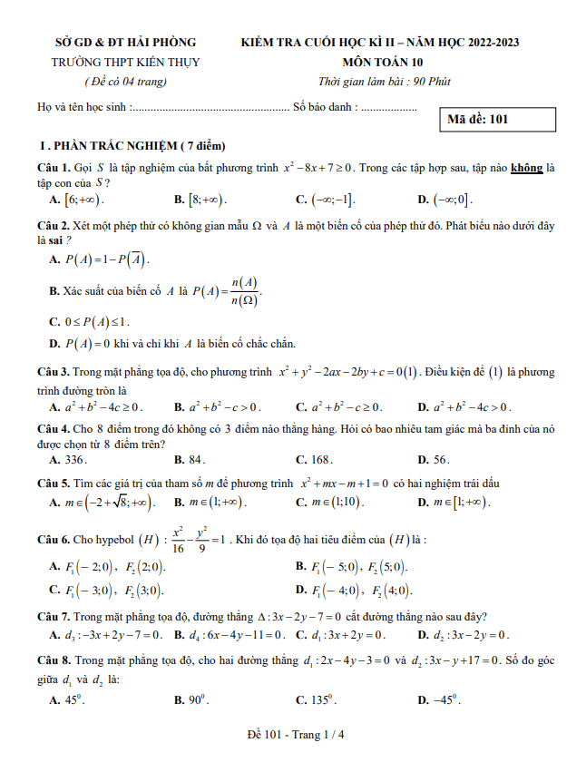 Đề cuối học kì 2 Toán 10 năm 2022 2023 trường THPT Kiến Thụy Hải Phòng
