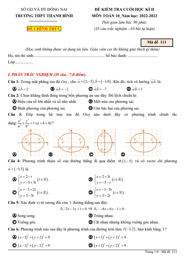 Đề cuối học kì 2 Toán 10 năm 2022 2023 trường THPT Thanh Bình Đồng Nai