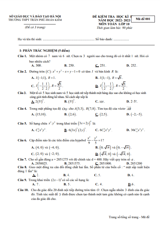 Đề cuối học kì 2 Toán 10 năm 2022 2023 trường THPT Trần Phú Hà Nội