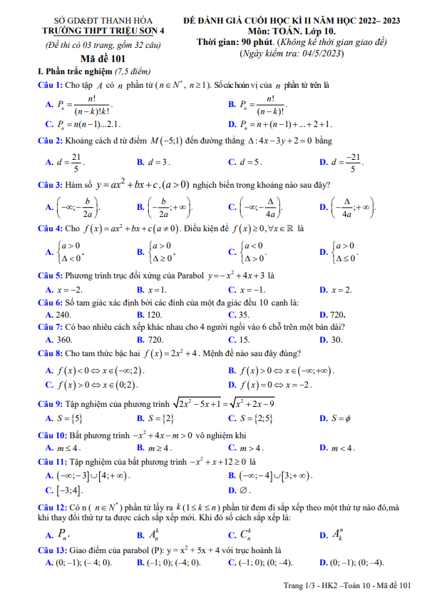Đề cuối học kì 2 Toán 10 năm 2022 2023 trường THPT Triệu Sơn 4 Thanh Hóa