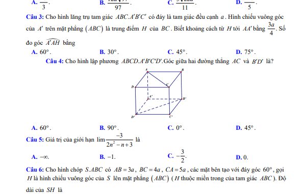 Đề cuối học kì 2 Toán 11 năm 2022 2023 sở GD&ĐT Bắc Giang