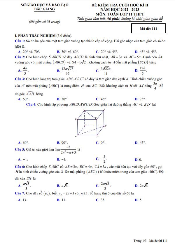 Đề cuối học kì 2 Toán 11 năm 2022 2023 sở GD&ĐT Bắc Giang