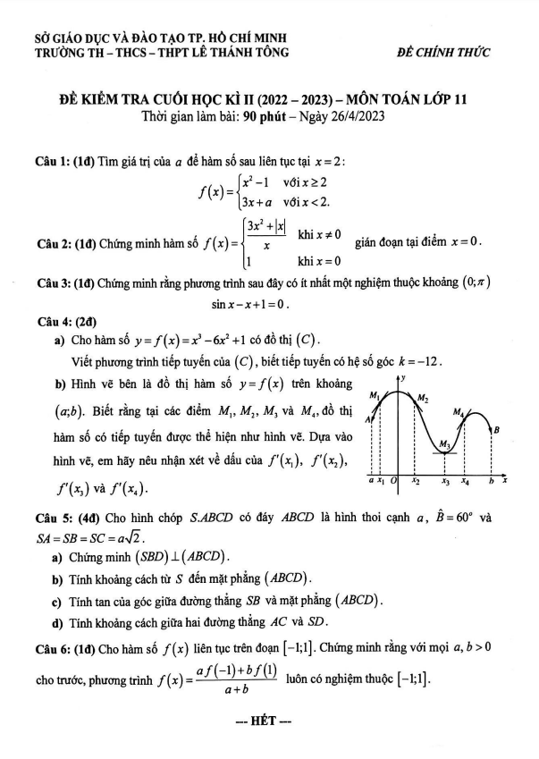 Đề cuối học kì 2 Toán 11 năm 2022 2023 trường Lê Thánh Tông TP HCM