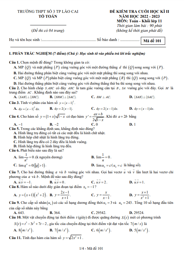 Đề cuối học kì 2 Toán 11 năm 2022 2023 trường THPT số 3 TP Lào Cai