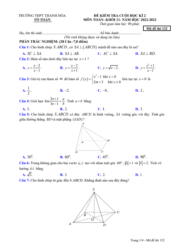 Đề cuối học kì 2 Toán 11 năm 2022 2023 trường THPT Thanh Hòa Bình Phước