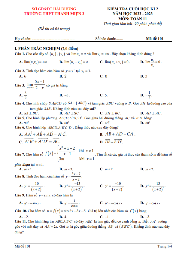Đề cuối học kì 2 Toán 11 năm 2022 2023 trường THPT Thanh Miện 2 Hải Dương