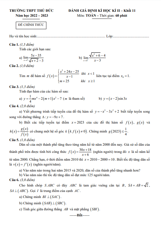 Đề cuối học kì 2 Toán 11 năm 2022 2023 trường THPT Thủ Đức TP HCM