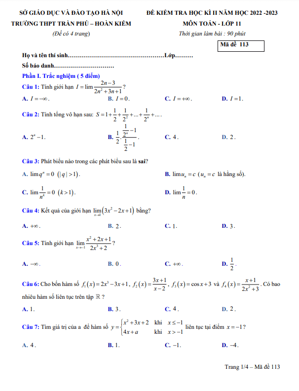 Đề cuối học kì 2 Toán 11 năm 2022 2023 trường THPT Trần Phú Hà Nội