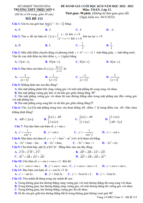 Đề cuối học kì 2 Toán 11 năm 2022 2023 trường THPT Triệu Sơn 4 Thanh Hóa