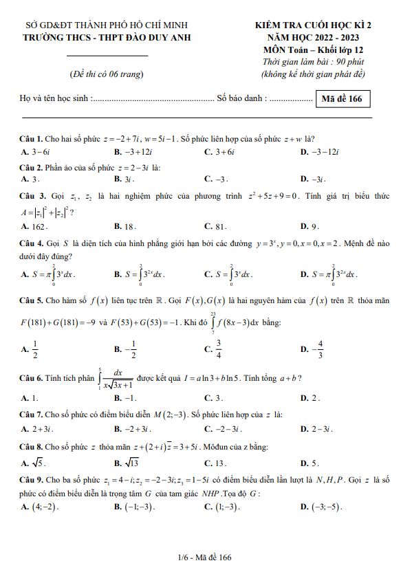 Đề cuối học kì 2 Toán 12 năm 2022 2023 trường Đào Duy Anh TP HCM