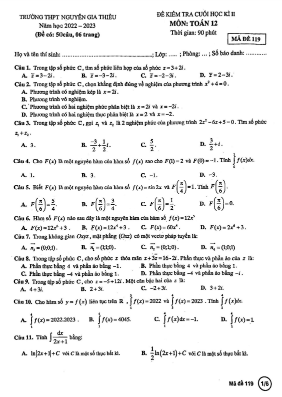 Đề cuối học kì 2 Toán 12 năm 2022 2023 trường THPT Nguyễn Gia Thiều Hà Nội