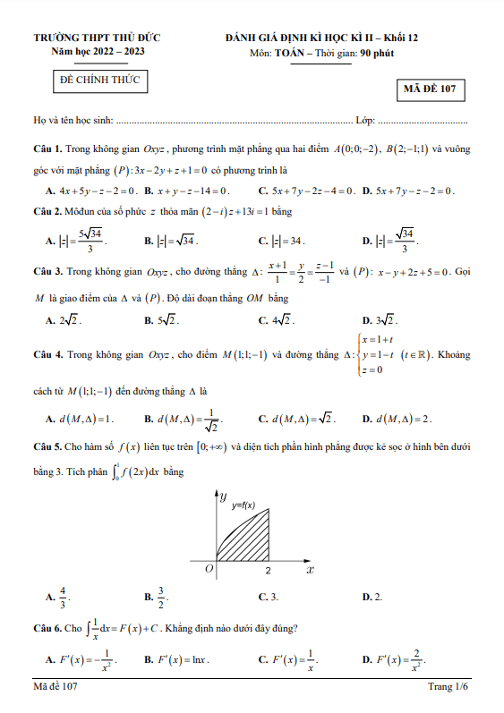 Đề cuối học kì 2 Toán 12 năm 2022 2023 trường THPT Thủ Đức TP HCM