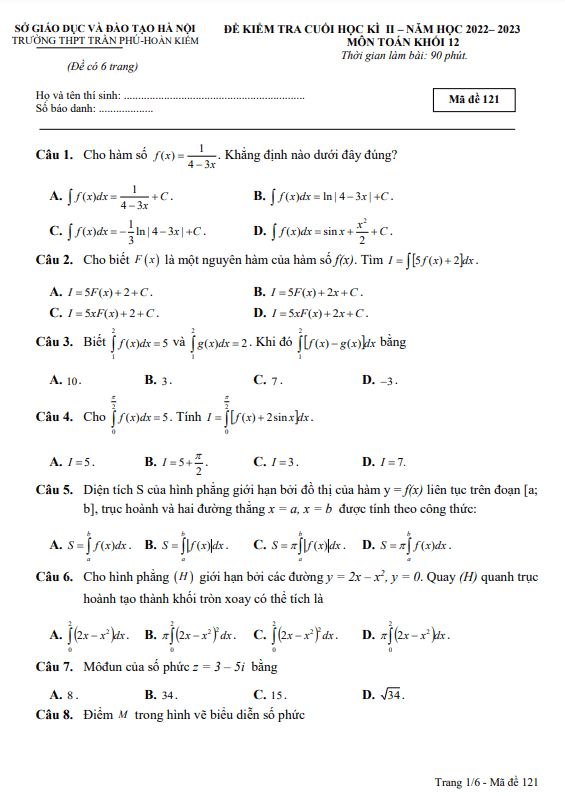 Đề cuối học kì 2 Toán 12 năm 2022 2023 trường THPT Trần Phú Hà Nội