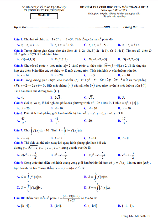 Đề cuối học kì 2 Toán 12 năm 2022 2023 trường THPT Trương Định Hà Nội
