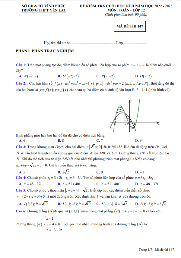 Đề cuối học kì 2 Toán 12 năm 2022 2023 trường THPT Yên Lạc Vĩnh Phúc