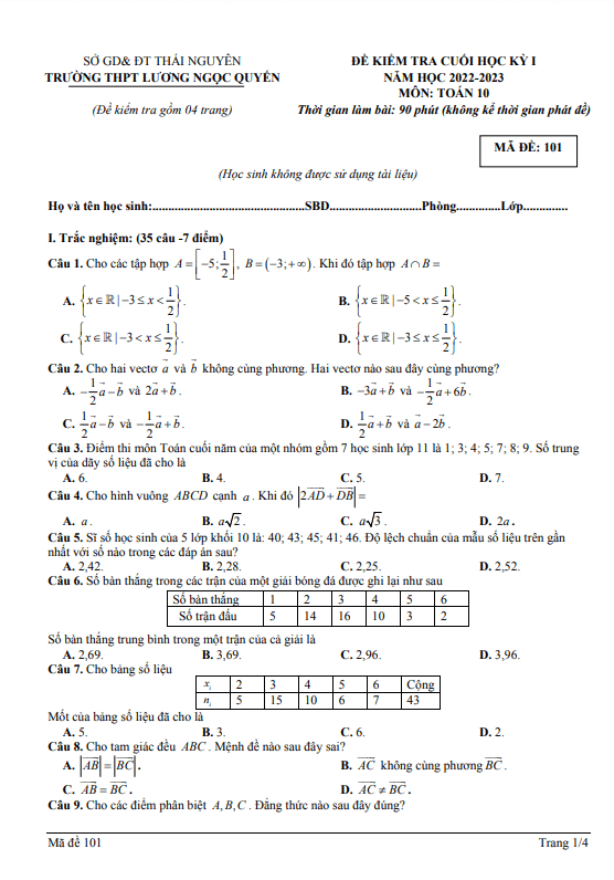 Đề cuối học kỳ 1 Toán 10 năm 2022 2023 THPT Lương Ngọc Quyến Thái Nguyên