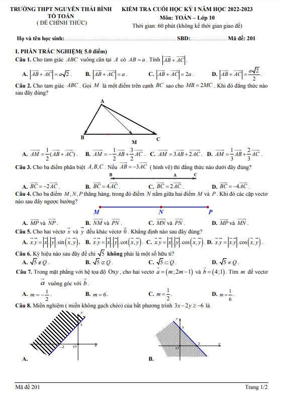 Đề cuối học kỳ 1 Toán 10 năm 2022 2023 trường Nguyễn Thái Bình Quảng Nam