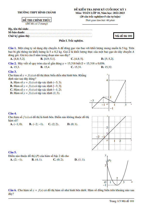 Đề cuối học kỳ 1 Toán 10 năm 2022 2023 trường THPT Bình Chánh TP HCM