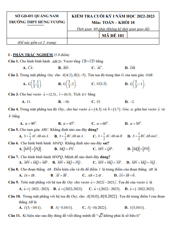 Đề cuối học kỳ 1 Toán 10 năm 2022 2023 trường THPT Hùng Vương Quảng Nam