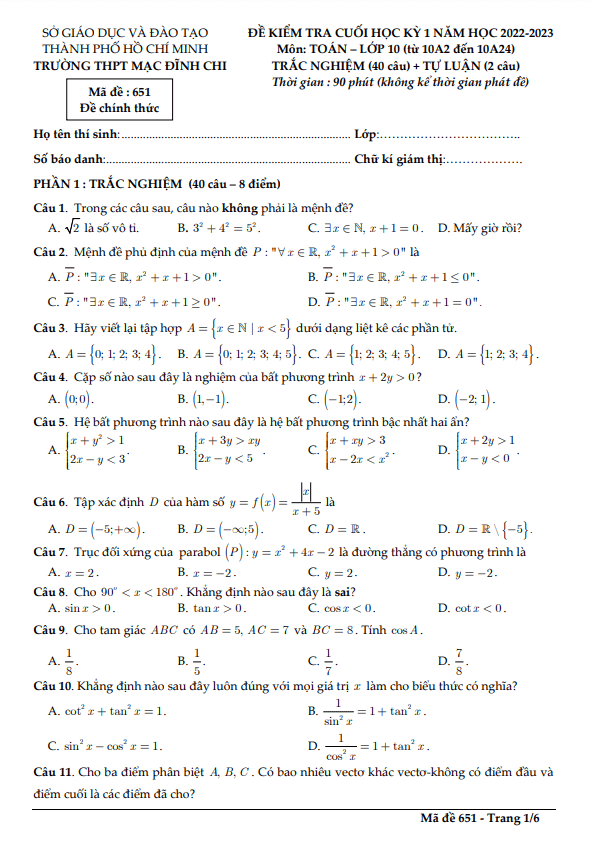 Đề cuối học kỳ 1 Toán 10 năm 2022 2023 trường THPT Mạc Đĩnh Chi TP HCM