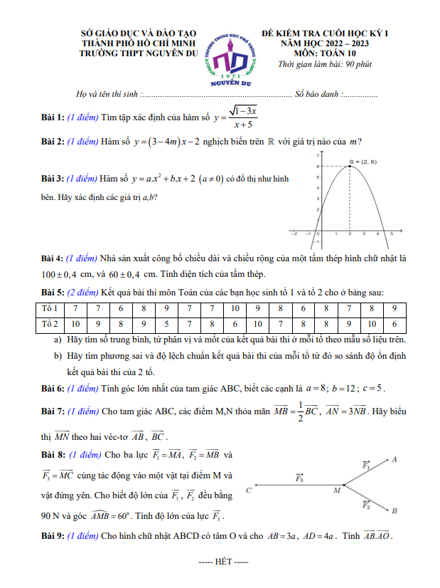 Đề cuối học kỳ 1 Toán 10 năm 2022 2023 trường THPT Nguyễn Du TP HCM