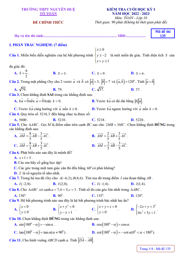 Đề cuối học kỳ 1 Toán 10 năm 2022 2023 trường THPT Nguyễn Huệ TT Huế