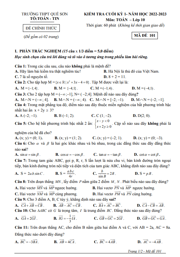 Đề cuối học kỳ 1 Toán 10 năm 2022 2023 trường THPT Quế Sơn Quảng Nam