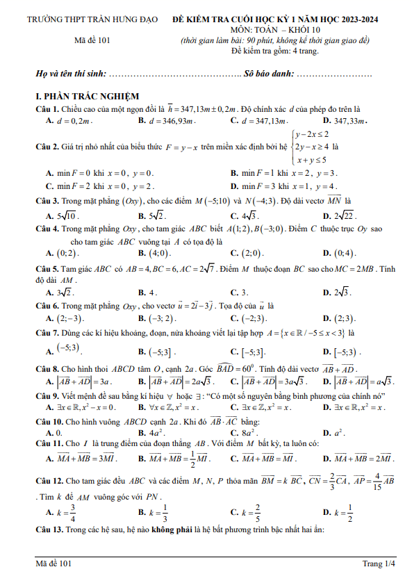 Đề cuối học kỳ 1 Toán 10 năm 2023 2024 trường THPT Trần Hưng Đạo Đắk Lắk