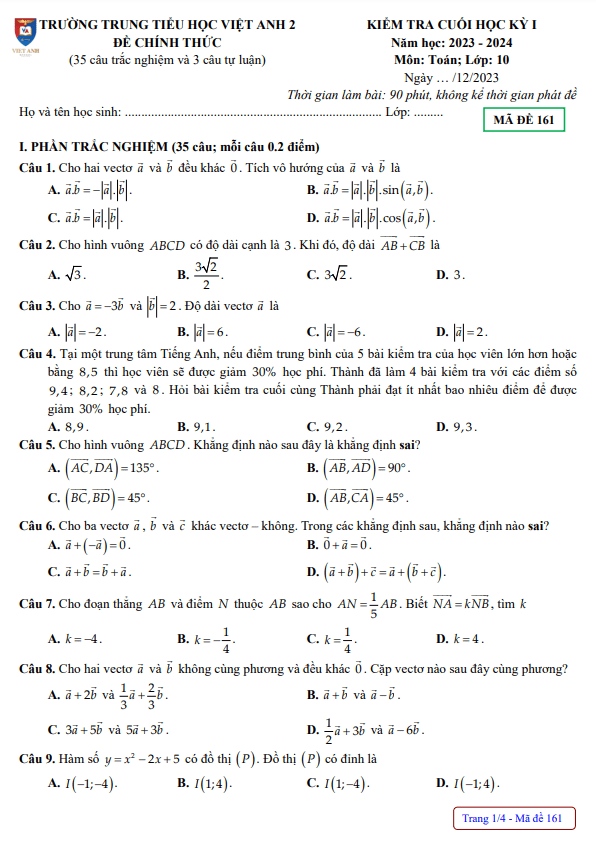 Đề cuối học kỳ 1 Toán 10 năm 2023 2024 trường Việt Anh 2 Bình Dương
