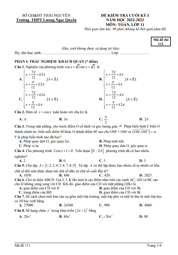 Đề cuối học kỳ 1 Toán 11 năm 2022 2023 THPT Lương Ngọc Quyến Thái Nguyên