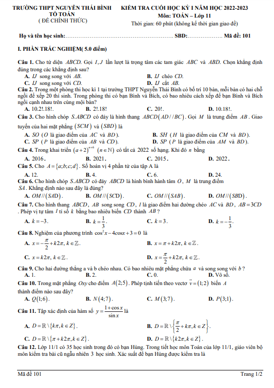 Đề cuối học kỳ 1 Toán 11 năm 2022 2023 trường Nguyễn Thái Bình Quảng Nam