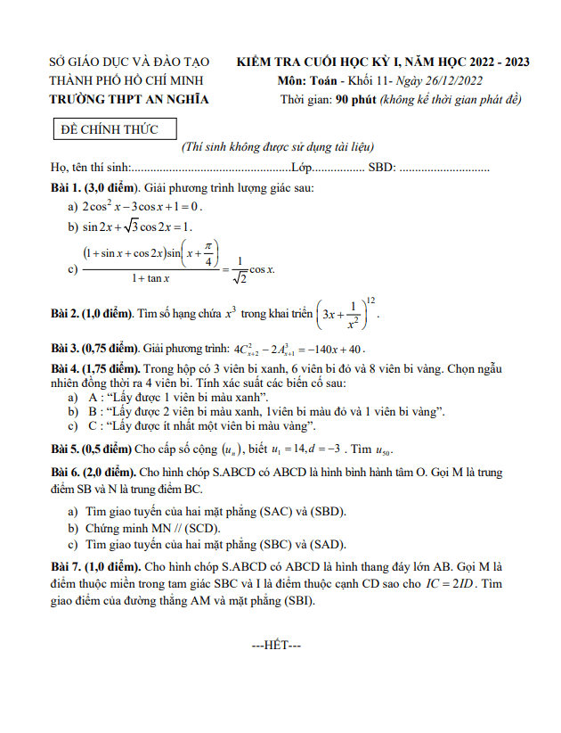 Đề cuối học kỳ 1 Toán 11 năm 2022 2023 trường THPT An Nghĩa TP HCM