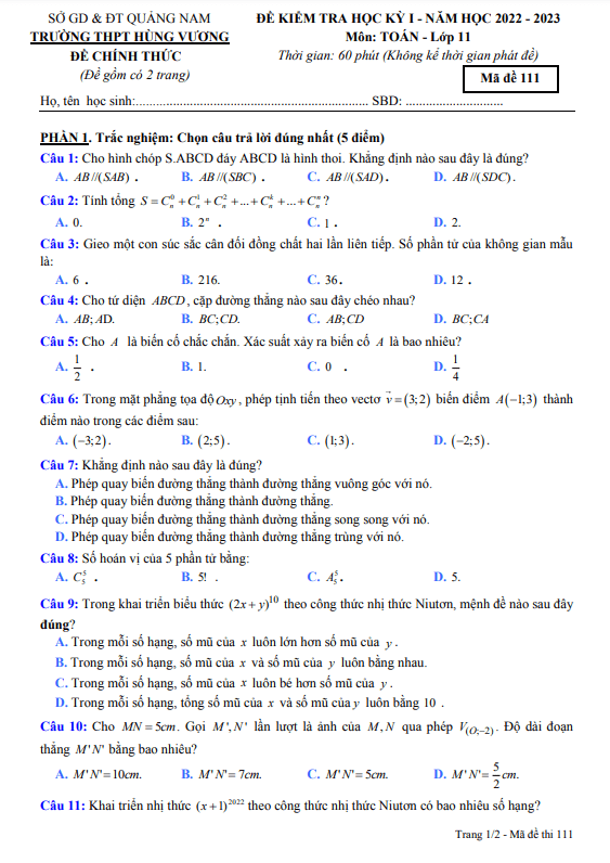 Đề cuối học kỳ 1 Toán 11 năm 2022 2023 trường THPT Hùng Vương Quảng Nam