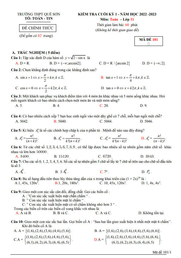 Đề cuối học kỳ 1 Toán 11 năm 2022 2023 trường THPT Quế Sơn Quảng Nam