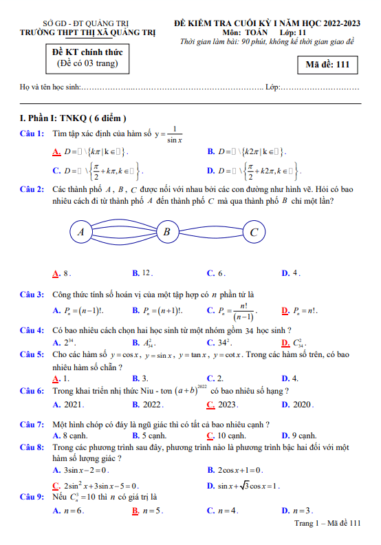 Đề cuối học kỳ 1 Toán 11 năm 2022 2023 trường THPT Thị xã Quảng Trị