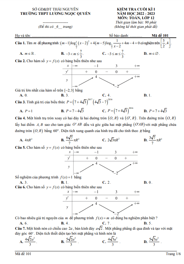 Đề cuối học kỳ 1 Toán 12 năm 2022 2023 THPT Lương Ngọc Quyến Thái Nguyên