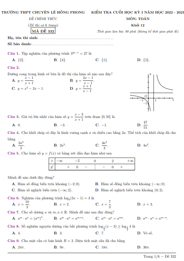 Đề cuối học kỳ 1 Toán 12 năm 2022 2023 trường chuyên Lê Hồng Phong TP HCM