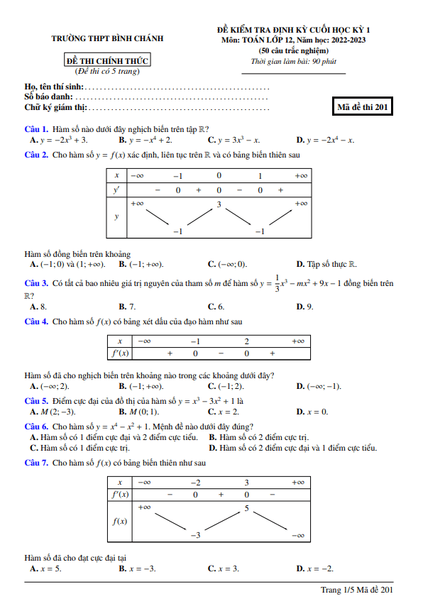 Đề cuối học kỳ 1 Toán 12 năm 2022 2023 trường THPT Bình Chánh TP HCM
