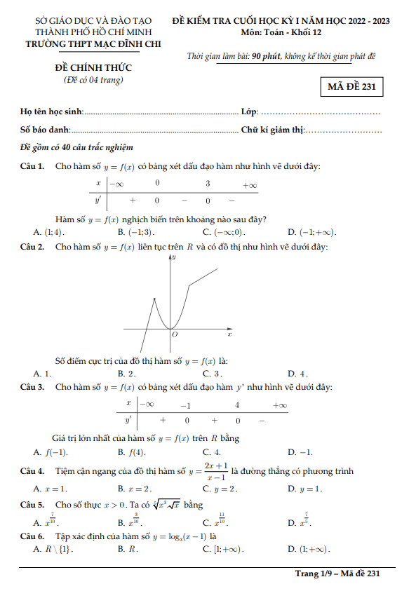 Đề cuối học kỳ 1 Toán 12 năm 2022 2023 trường THPT Mạc Đĩnh Chi TP HCM