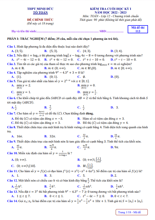 Đề cuối học kỳ 1 Toán 12 năm 2022 2023 trường THPT Minh Đức TP HCM