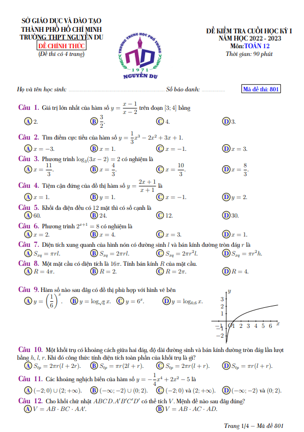 Đề cuối học kỳ 1 Toán 12 năm 2022 2023 trường THPT Nguyễn Du TP HCM
