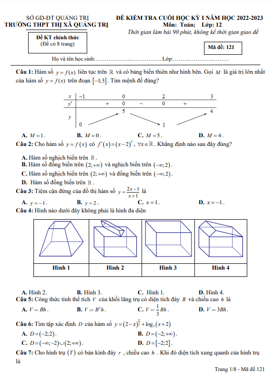 Đề cuối học kỳ 1 Toán 12 năm 2022 2023 trường THPT Thị xã Quảng Trị