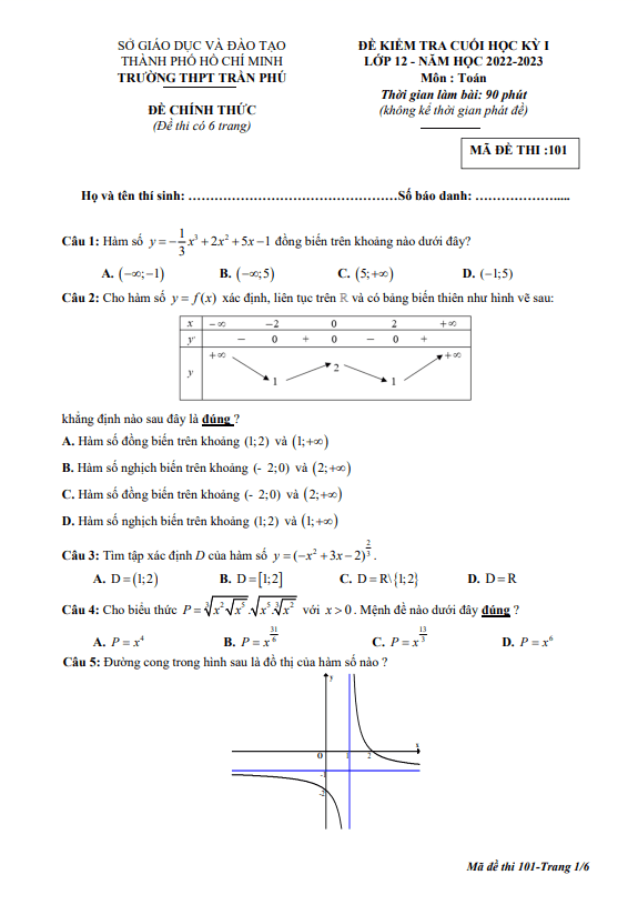 Đề cuối học kỳ 1 Toán 12 năm 2022 2023 trường THPT Trần Phú TP HCM