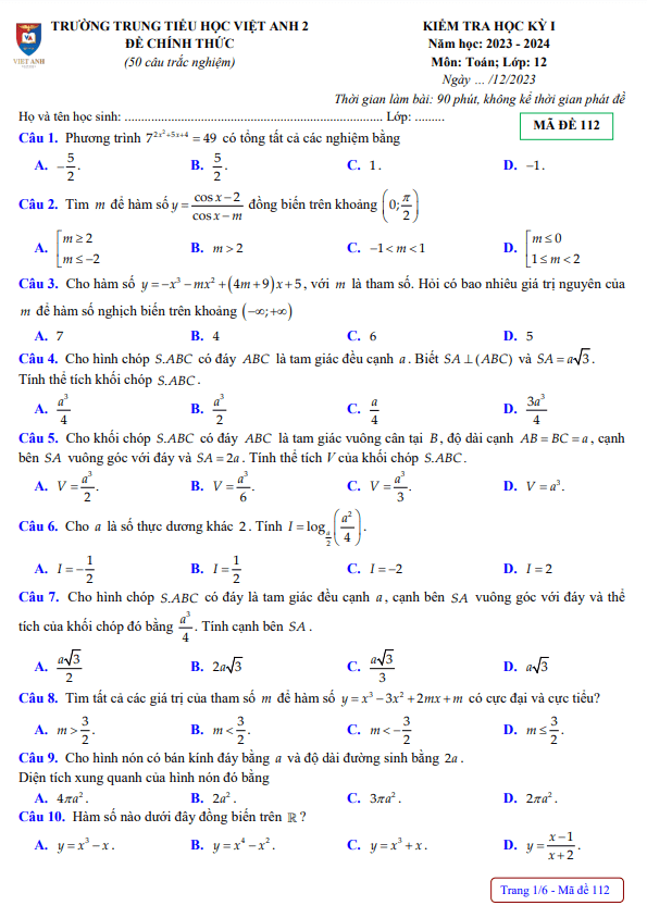 Đề cuối học kỳ 1 Toán 12 năm 2023 2024 trường Việt Anh 2 Bình Dương