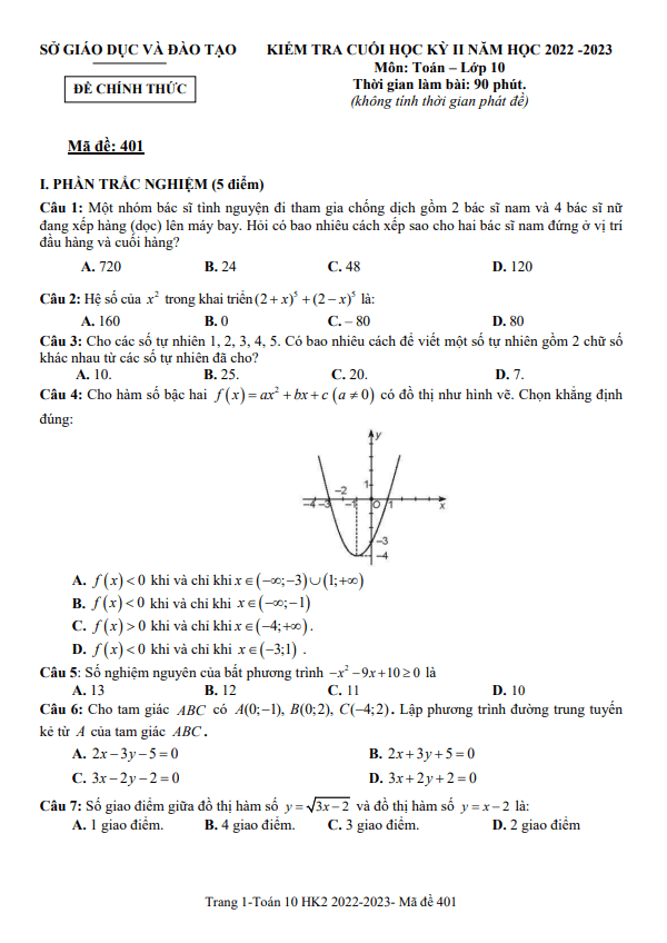 Đề cuối học kỳ 2 Toán 10 năm 2022 2023 sở GD&ĐT Bình Dương