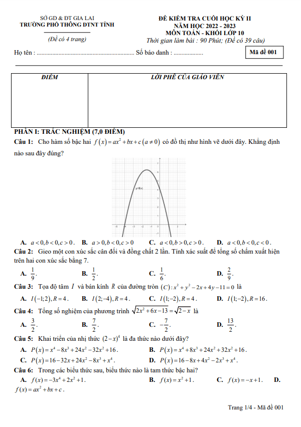 Đề cuối học kỳ 2 Toán 10 năm 2022 2023 trường Phổ thông DTNT tỉnh Gia Lai