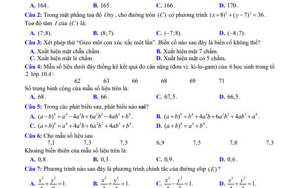 Đề cuối học kỳ 2 Toán 10 năm 2022 2023 trường PTTHSP Tràng An Ninh Bình